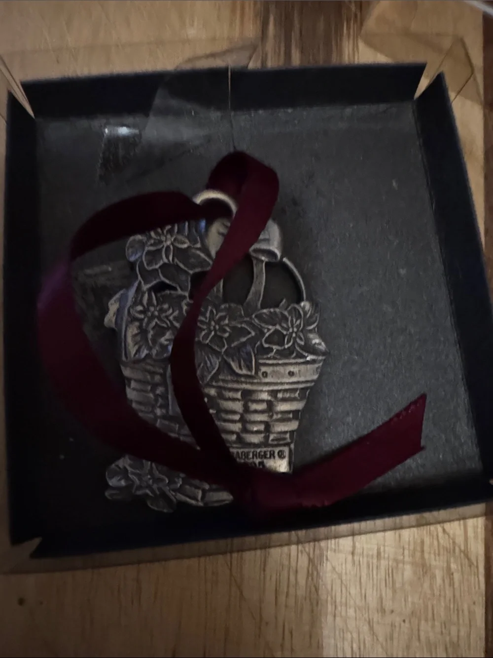 Longaberger Silver Basket Poinsettia Ornament with Burgundy Ribbon